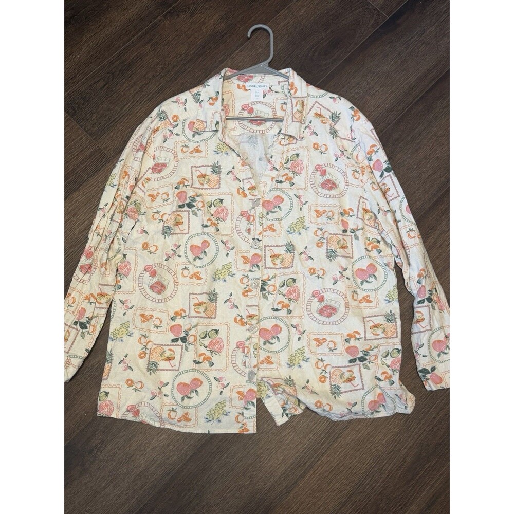 Cynthia Rowley Fruit Stamp Linen Blend Shirt 1X Resort Euro Cottagecore Garden
